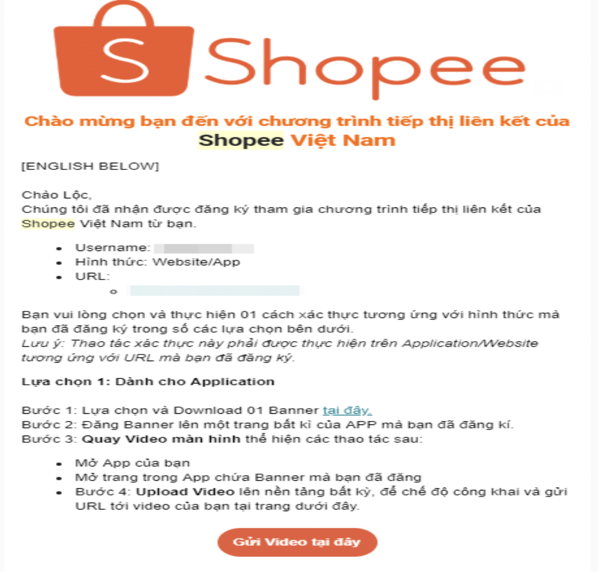Tiến hành xác thực để hoàn tất đăng ký Shopee Affiliate