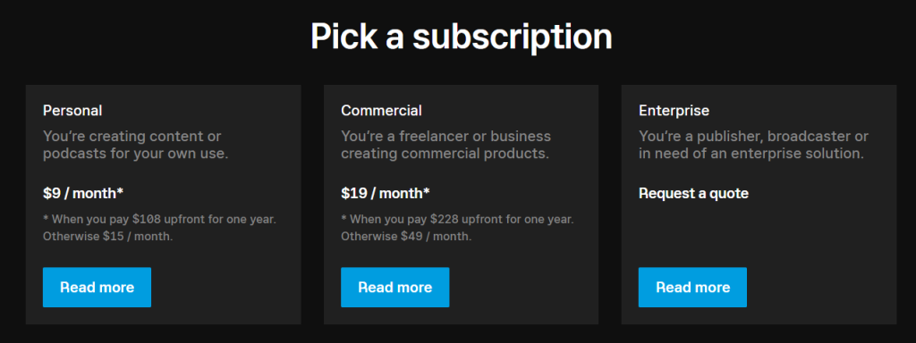 Chi phí khi sử dụng các loại tài khoản của Epidemic Sound