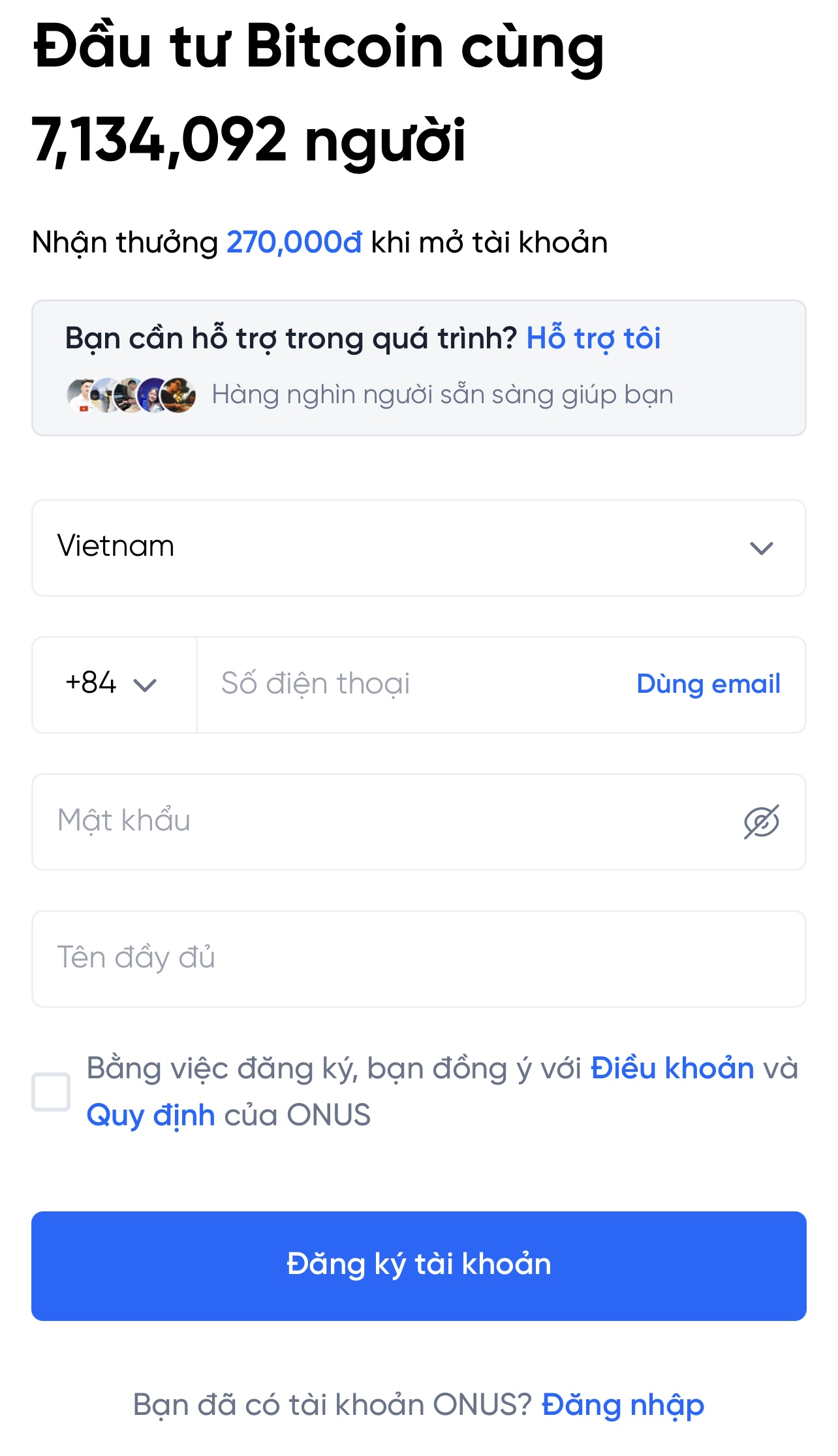 đăng ký tài khoản onus