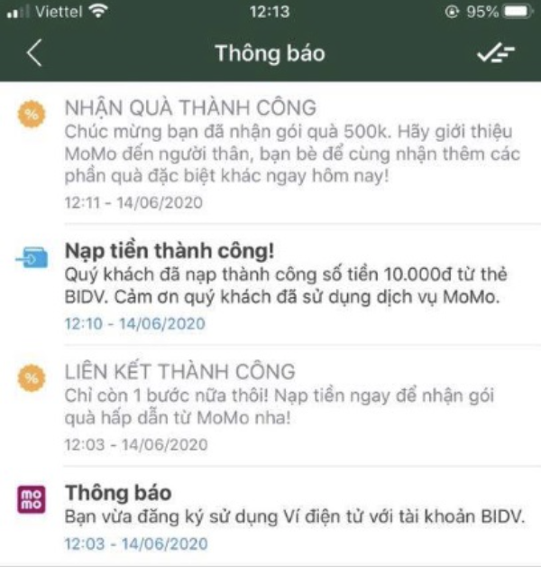 nạp tiền momo thành công