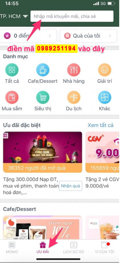 nhập mã khuyến mại momo